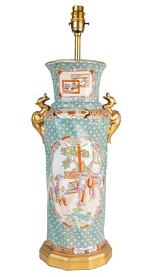 Lot 1018 - A tall, cylindrical chinoiserie-decorated vase converted to a table lamp