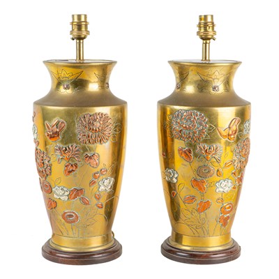 Lot 238 - A pair of Japanese brass vases converted for use as table lamps