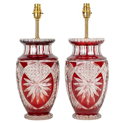 Lot 1015 - A pair of Bohemian red flash glass table lamps