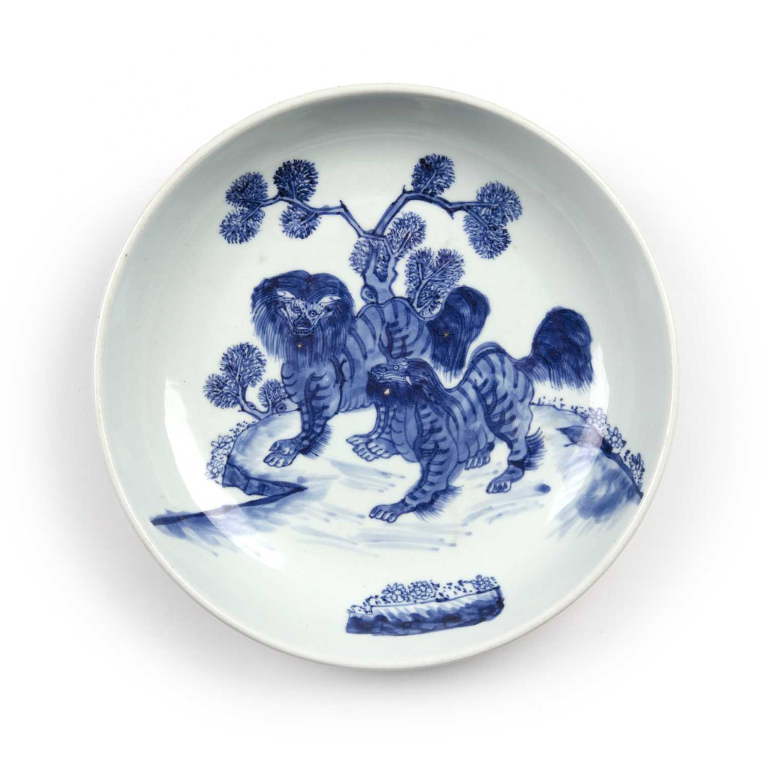 Lot 13 - Blue and white 'Buddhist lions’ dish Chinese,...