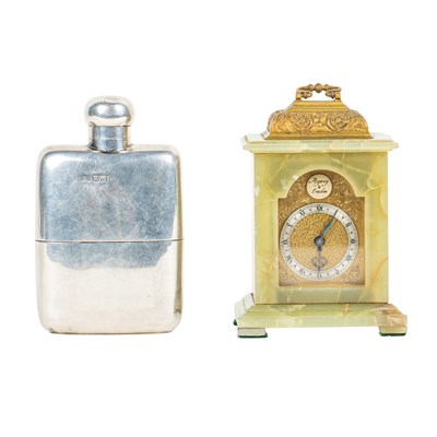 Lot 378 - An Asprey of London timepiece together with a silver hip flask