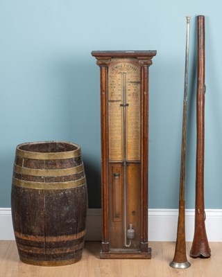 Lot 4 - A coaching horn, a coopered stick stand, and a Fitzroy barometer