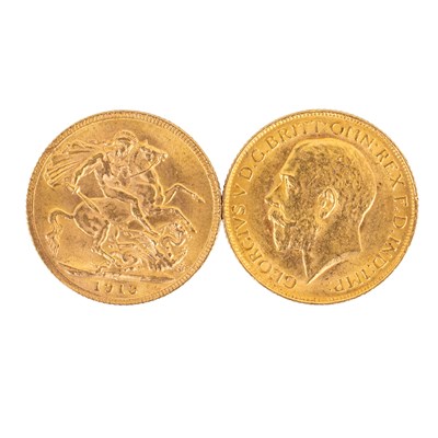 Lot 92 - Two George V sovereigns, dated 1912 and 1913...