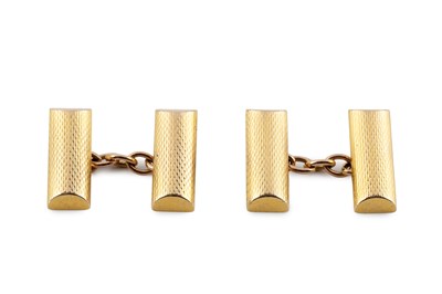 Lot A pair of 9ct gold cufflinks, each with engine-...