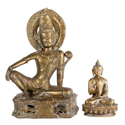 Lot 259 - Two old cast brass Nepalese figures of the Buddha