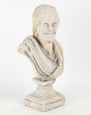 Lot 1374 - A weathered carved stone bust of Voltaire