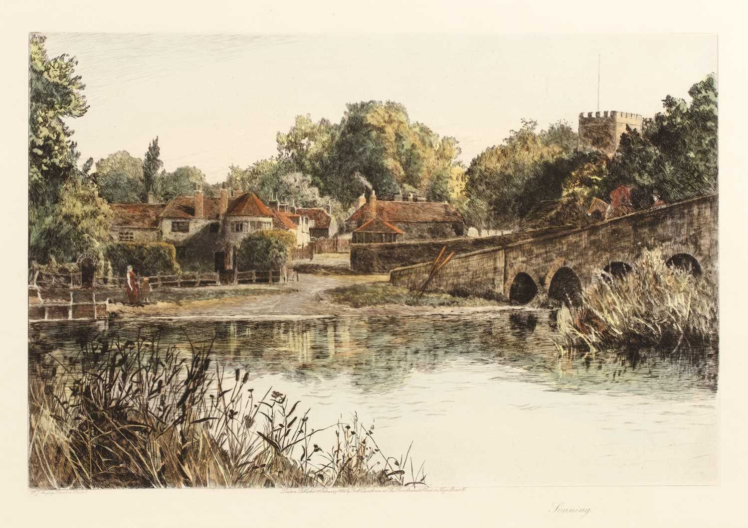 Lot 44 - H. J. Angley Sonning, etching, hand coloured,...