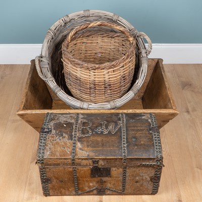 Lot 1231 - A 19th century pony hide trunk, together with a dough bin and two wicker baskets