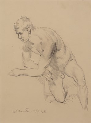 Lot 128 - 1920s School male nude (kneeling) study,...
