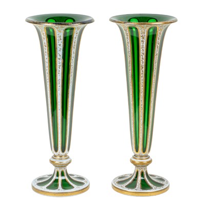 Lot 132 - A pair of large green Bohemian flashed glass vases