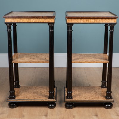 Lot 159 - A pair of burr oak and ebonised bedside tables