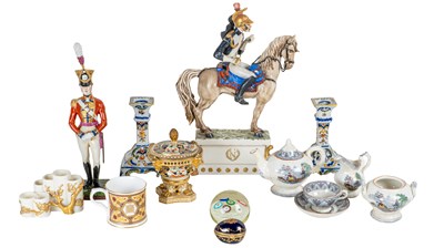 Lot 223 - A pair of Continental faience candlesticks and other ceramics