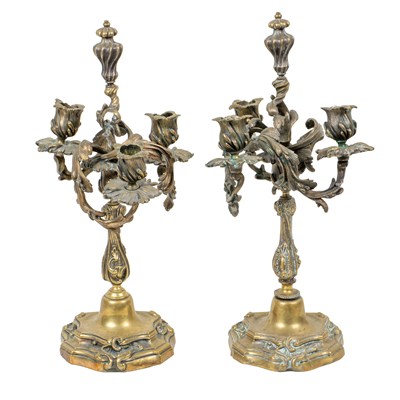 Lot 356 - A pair of brass three-branch candelabra