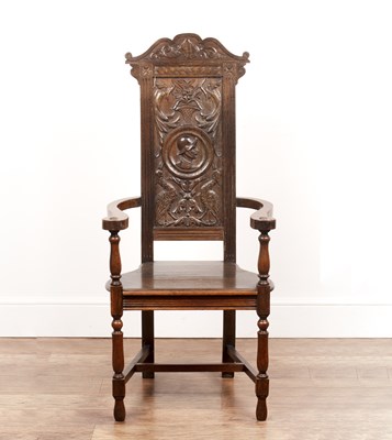 Lot 74 - Oak Wainscot chair In the 17th Century style,...