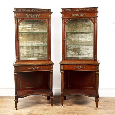 Lot Louis XV revival pair of walnut vitrines,...