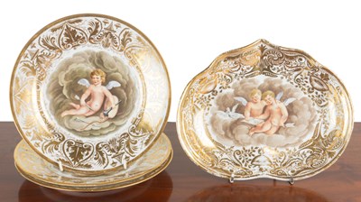 Lot 1365 - Three Royal Crown Derby cabinet plates and a shaped dish, c1815