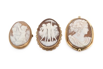 Lot 51 - Three shell cameo brooches, the first carved...