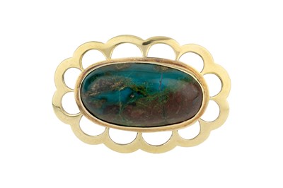 Lot 95 - A gem set panel brooch, the oval cabochon...