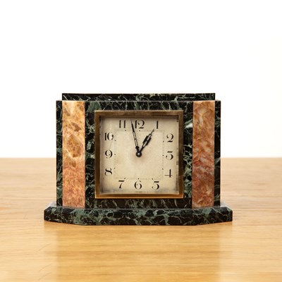 Lot 102 - Art deco dark green and salmon marble clock of...