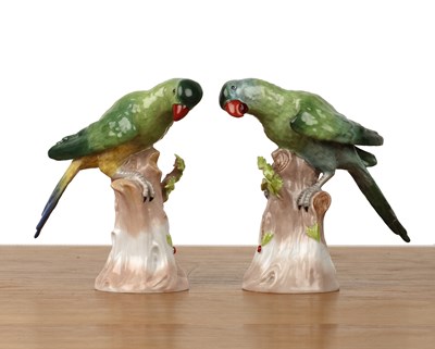 Lot Dresden pair of porcelain model parakeets,...