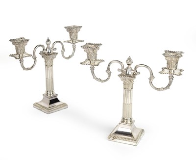 Lot 433 - Pair of silver-plated twin-branch candelabrum...