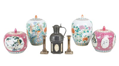 Lot 98 - Two pairs of ginger jars and a pair of silver candlesticks