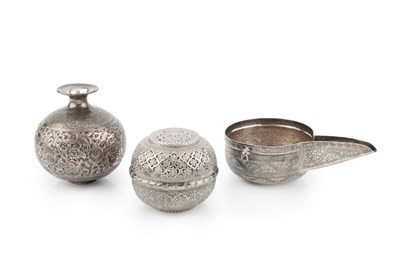 Lot 687 - A Persian white metal pouring bowl or measure,...