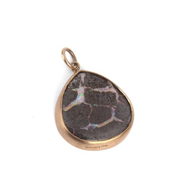 Lot 441 - 9ct gold mounted opal pendant Of teardrop form,...