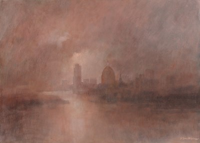 Lot 125 - Ken Hildrew (b.1934) 'City skyline', oil on...