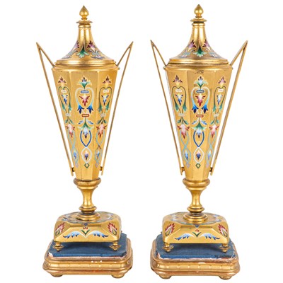 Lot 42 - A pair of French champlevé enamel cassolettes