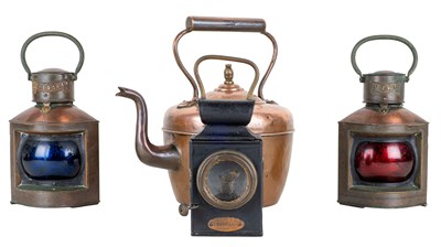 Lot 1203 - Two copper ships lamps, a vehicle lamp and a copper kettle