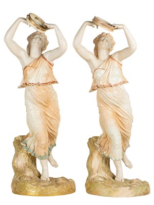 Lot 109 - Two large Royal Worcester porcelain figures of girls playing tambourines