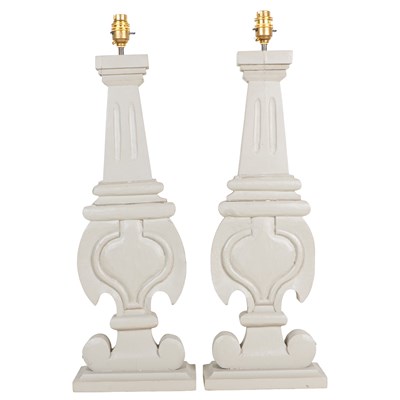 Lot 222 - A pair of grey-painted wooden table lamps