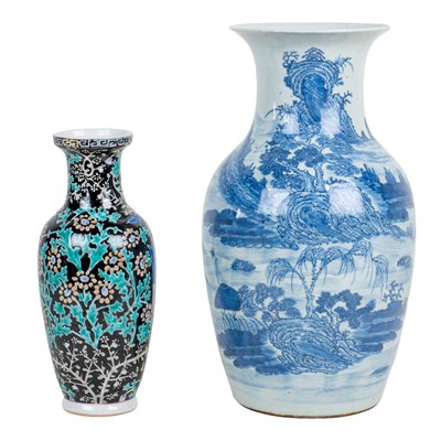 Lot 421 - A 19th century Chinese blue and white vase and a famille noir vase