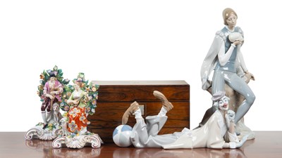Lot 377 - A jewellery box, two Lladro figurines, and a pair of figurines