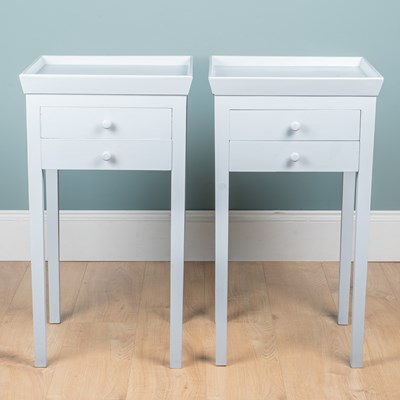 Lot 331 - A pair of duck egg blue tray-top bedside or lamp tables retailed by OKA