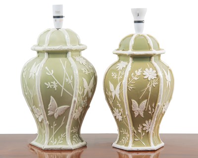 Lot 391 - Two celadon-glazed table lamps