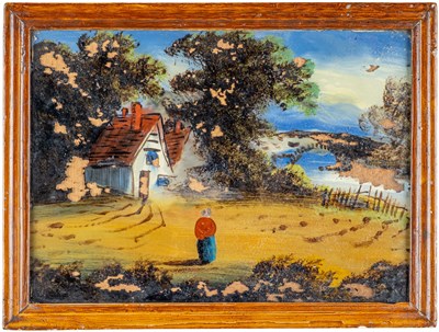 Lot 520 - A collection of seven reverse glass landscape paintings