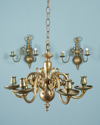 Lot 1179 - An antique Dutch-style six-branch candelabra and similar wall lights
