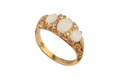 Lot 92 - An opal and diamond half hoop ring, the scroll...