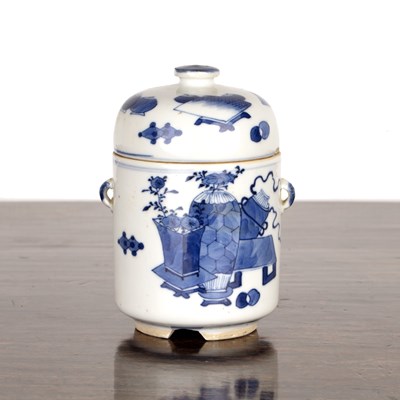 Lot 21 - Cylindrical blue and white pot, cover and...