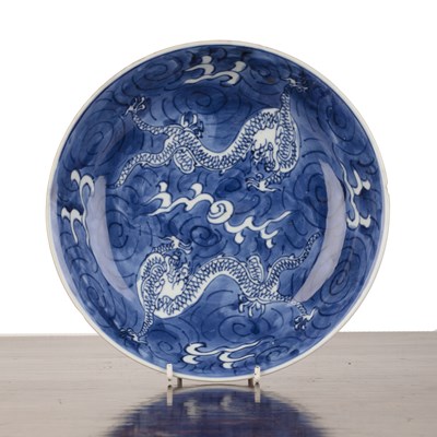 Lot 48 - Blue and white porcelain 'dragon' dish Chinese,...