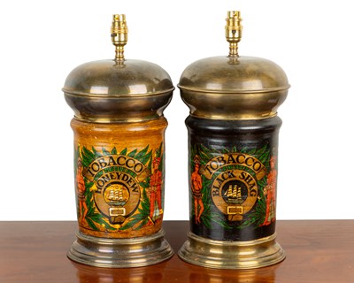 Lot 239 - A pair of brass-mounted painted table lamps in the form of tobacco jars