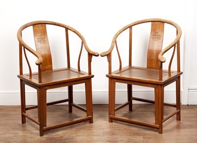 Lot Pair of elm horseshoe armchairs Chinese, with...