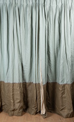 Lot 216 - Pair of duck egg blue and brown interlined curtains