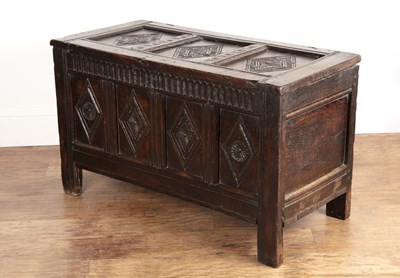 Lot 76 - Oak coffer 18th Century, with carved lozenge...