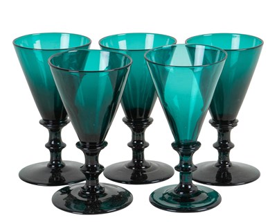 Lot 405 - A set of five Georgian green glass wine glasses