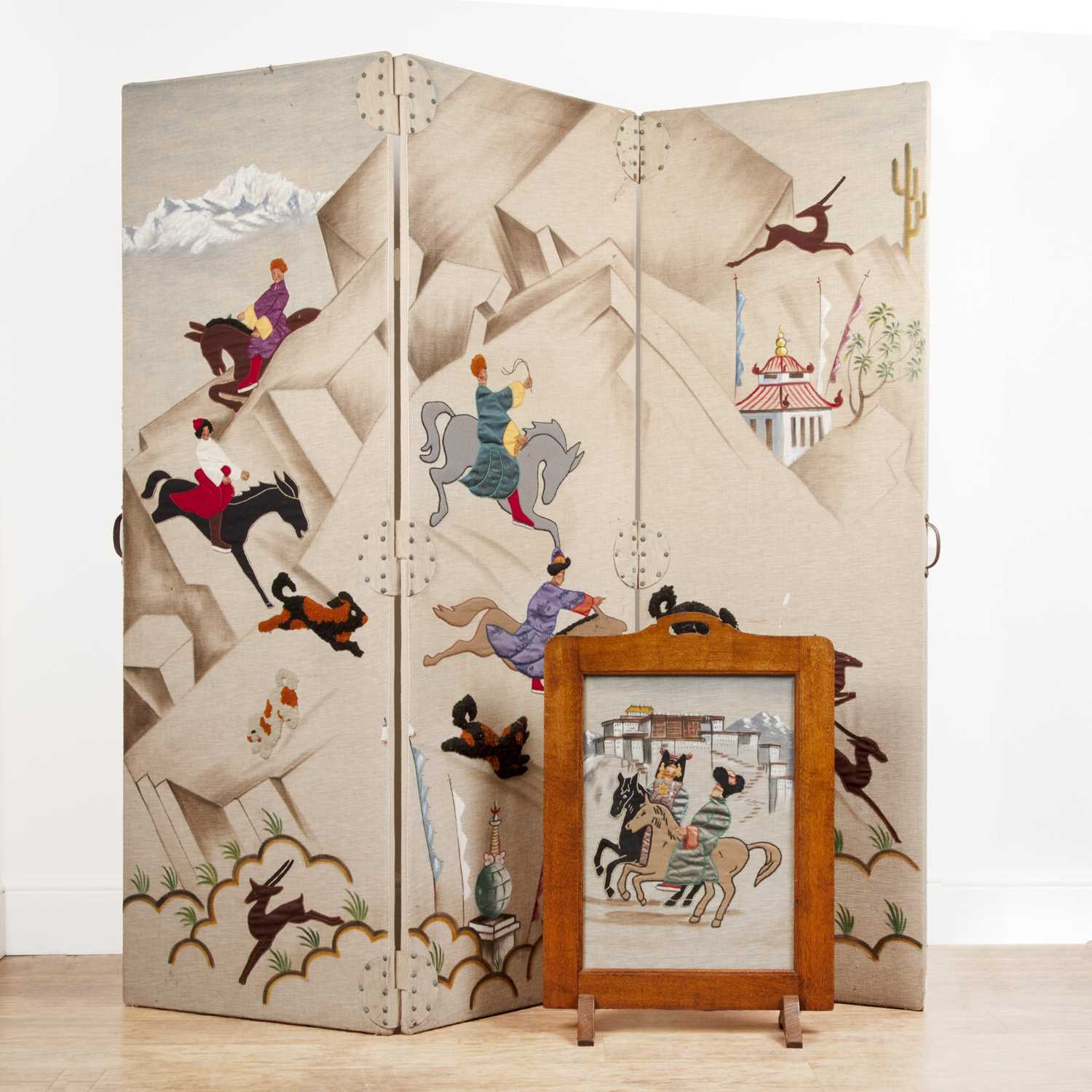 Lot Felt silk and painted three three-fold screen...