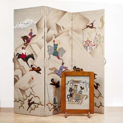 Lot 71 - Felt silk and painted three three-fold screen...