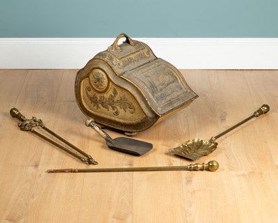 Lot 1242 - A toleware coal purdonium together with fireside tools
